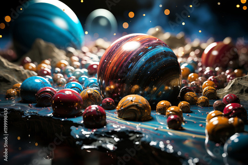 Space theme creative confectionery: Chocolate candies that look like planets. photo