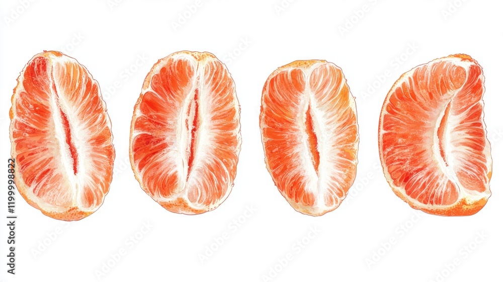 Slices of Orange Fruit with Bright Juice and Textured Pulp Displayed Slices of Orange Fruit with Bright Juice and Textured Pulp Displayed