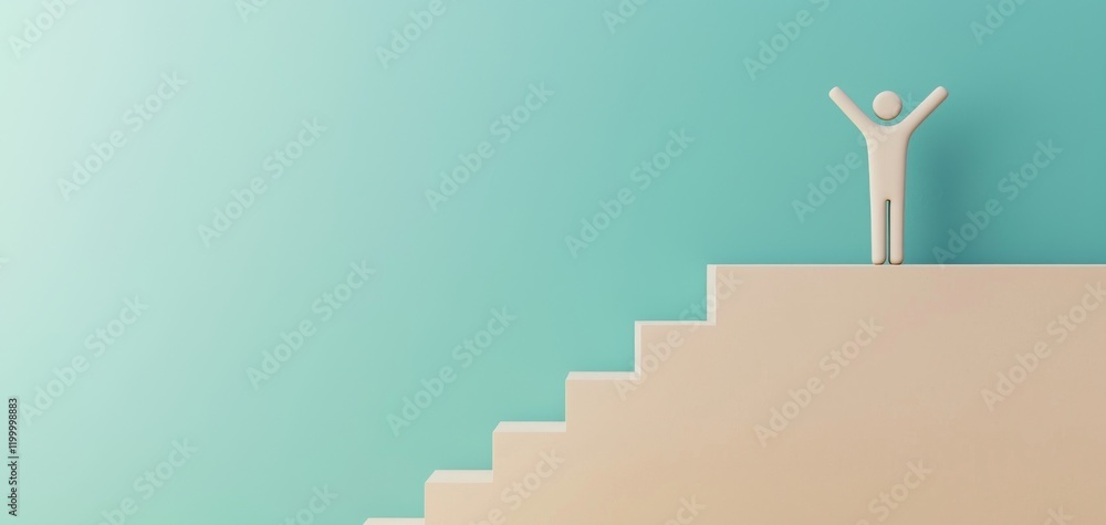 A figure stands triumphantly on steps, symbolizing achievement and personal growth against a calming backdrop. A figure stands triumphantly on steps, symbolizing achievement and personal growth against a calming backdrop.