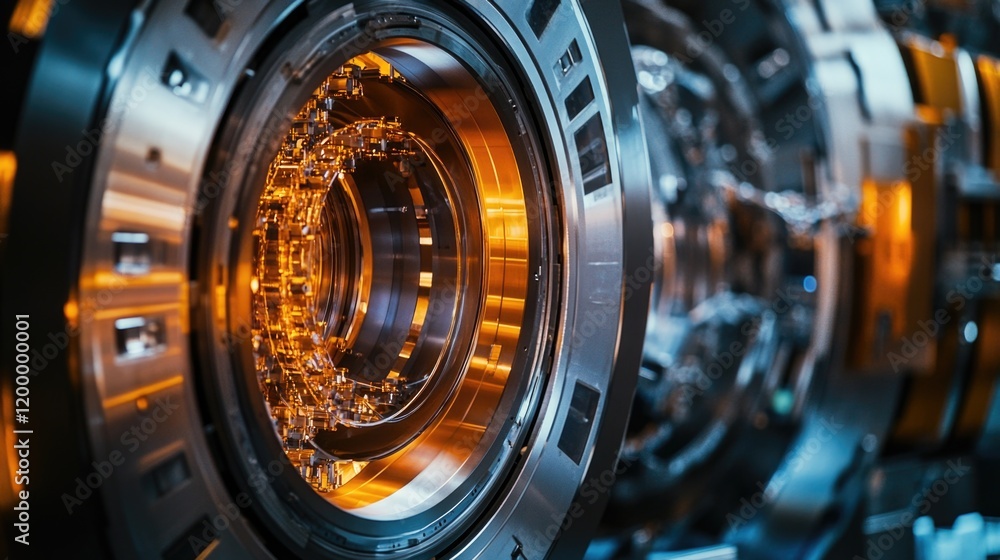 A close-up view of a machine's lens showing details of the optics and mechanical components A close-up view of a machine's lens showing details of the optics and mechanical components