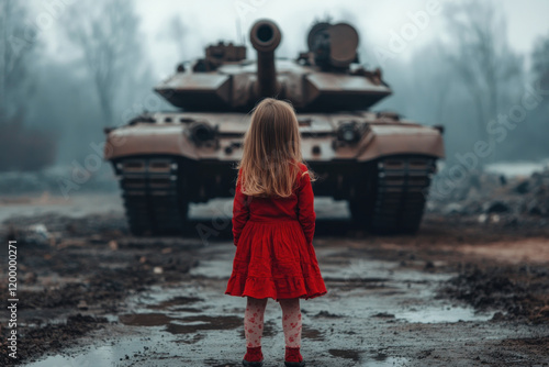 Little girl in red dress stands defiantly in front of tank. Contrast of innocence against military might evokes powerful symbolism. photo