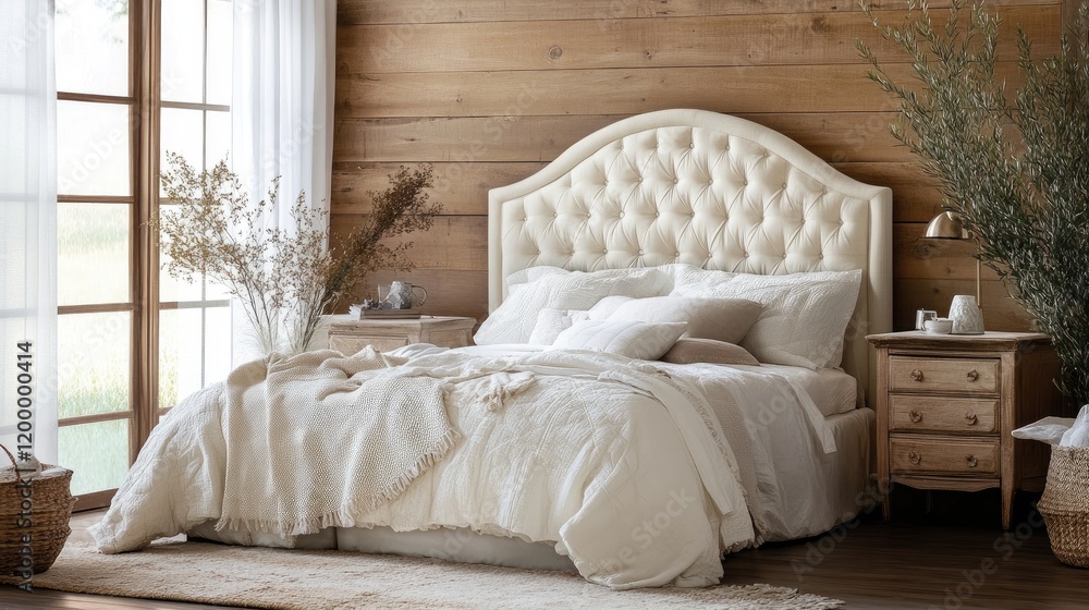 Fototapeta premium A lavish and airy bedroom featuring a beautiful tufted headboard, luxe linens, and a tranquil ambiance.