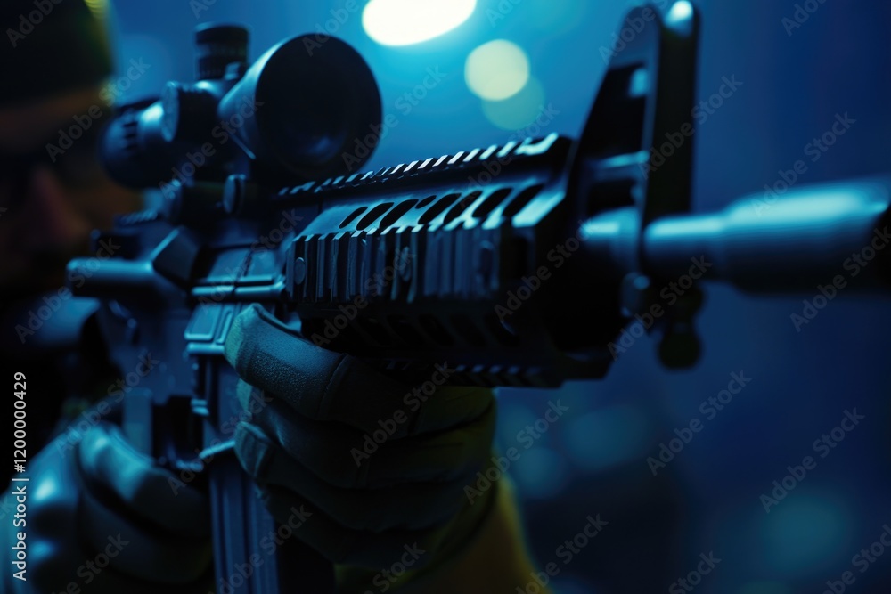Naklejka premium A person holds a rifle in a dimly lit space, ready for action