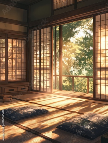 Sunlit Japanese Room with Tatami Mats and Shoji Screens