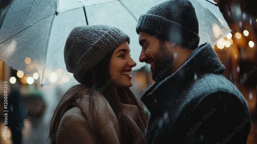 Naklejka premium Couple enjoys a romantic moment under an umbrella in the rain
