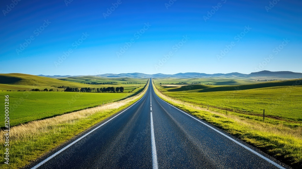 A long, modern motorway stretching into the horizon, surrounded by green fields and clear blue skies. A long, modern motorway stretching into the horizon, surrounded by green fields and clear blue skies.