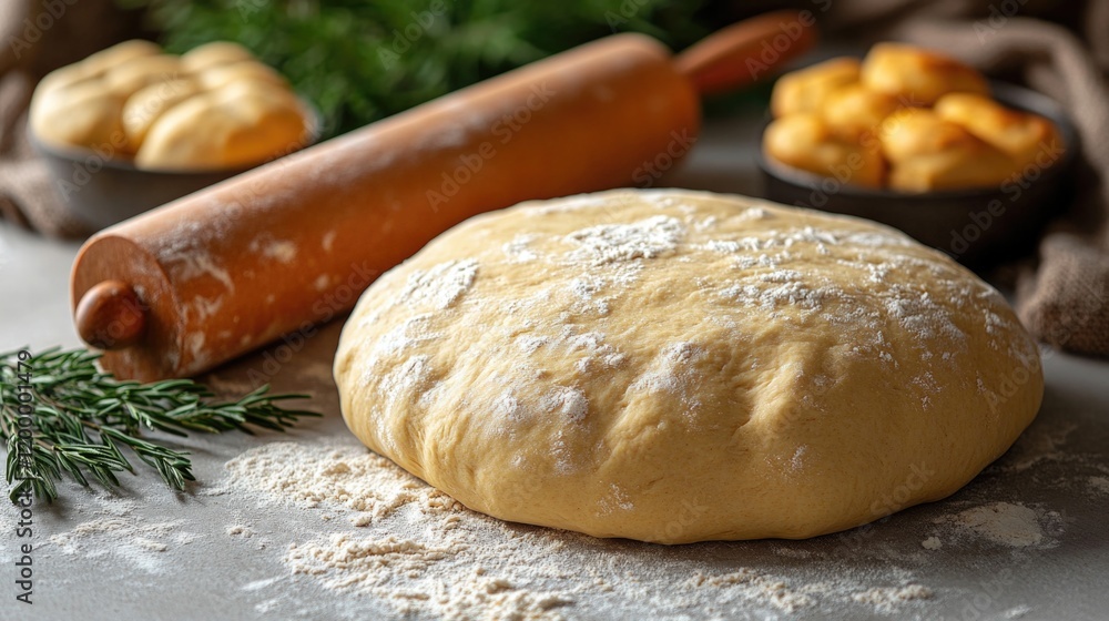Freshly baked bread sits next to a rolling pin on a kitchen counter, ready for further use Freshly baked bread sits next to a rolling pin on a kitchen counter, ready for further use