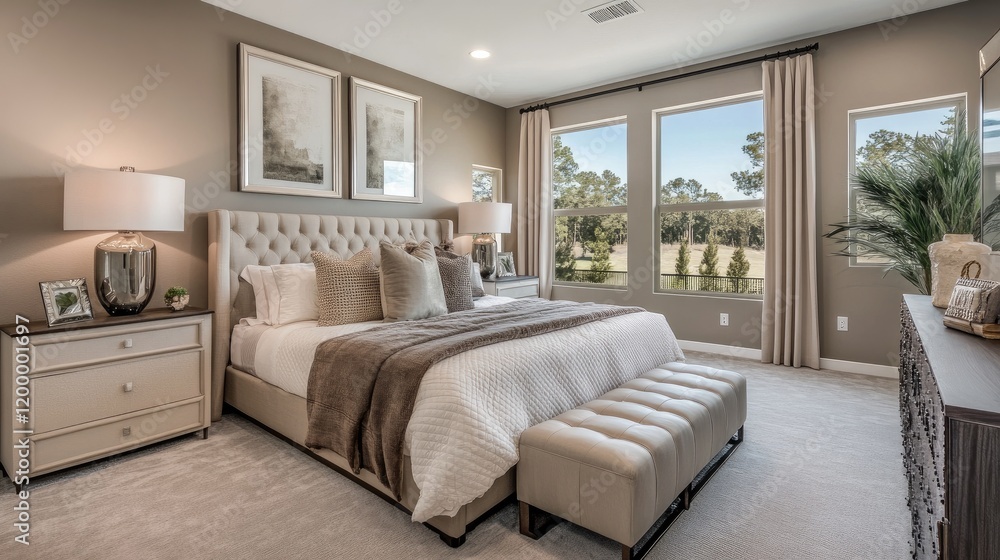 Fototapeta premium A luxurious bedroom suite with a soft color palette, plush bedding, and contemporary furniture pieces for a relaxing retreat.