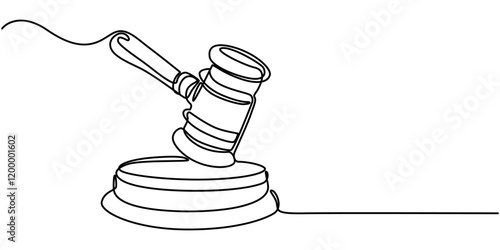 Gavel Continuous Line Icon, Judge hammer one continuous single line art drawing, One continuous single line of judge hammer isolated on white background, Judge's gavel continuous one line drawing. 