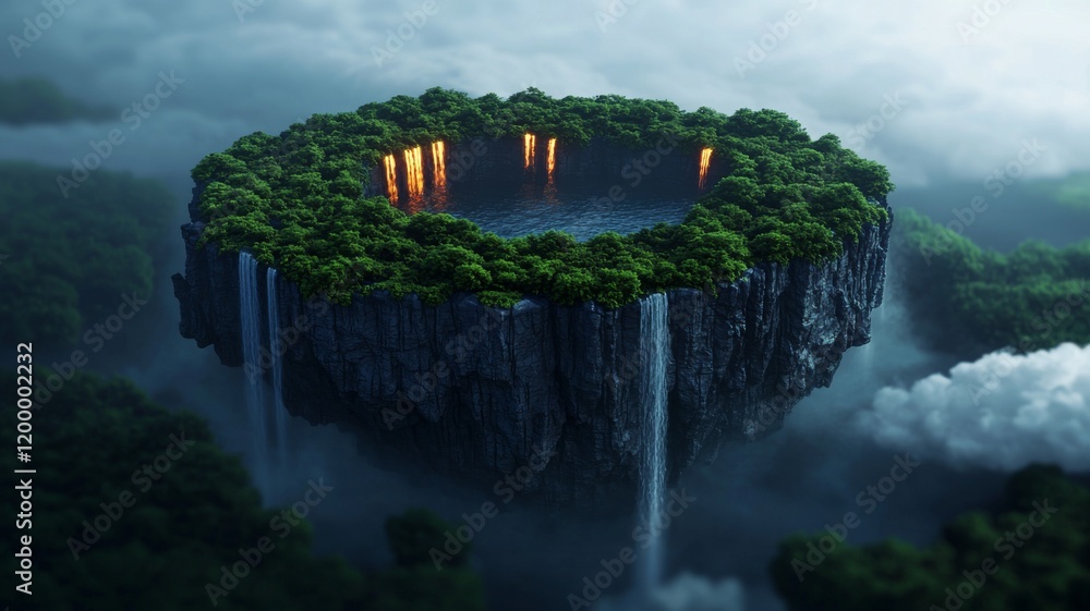 Fototapeta premium A mesmerizing aerial view of a lush, circular island surrounded by waterfalls and mist, creating a surreal atmosphere of nature.