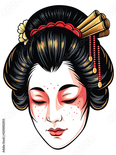 A detailed close-up portrait of a Geisha's face, capturing the intricate makeup, elegant hairstyle, and serene expression.