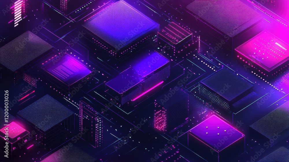 Futuristic digital cityscape with neon lights and abstract geometric structures at night Futuristic digital cityscape with neon lights and abstract geometric structures at night