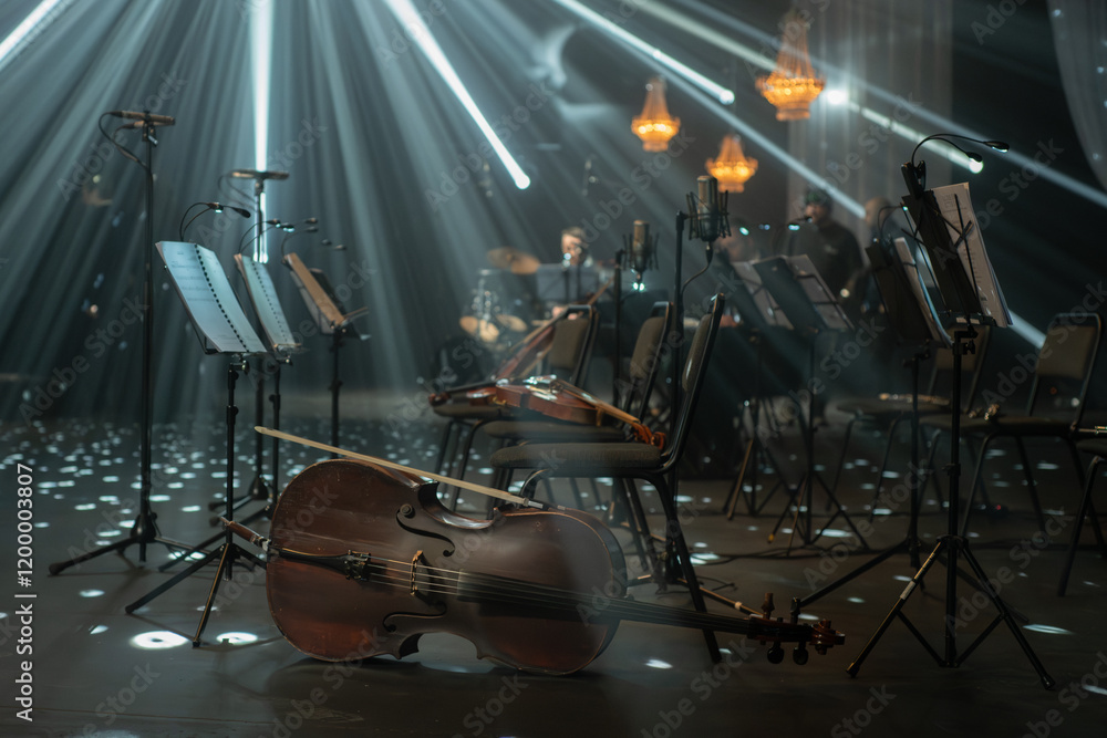Fototapeta premium Cello resting on the floor near chairs and music stands under dramatic studio lighting