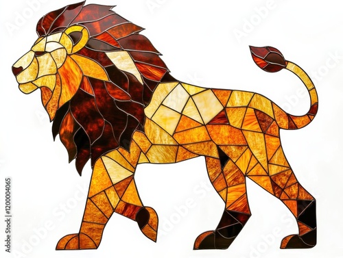 A stained glass art of a majestic lion, bold geometric patterns, vibrant golden