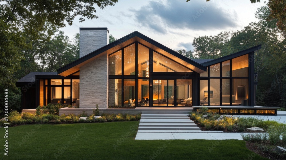 A modern minimalist home exterior with clean lines, large glass windows, and a simple geometric design. A modern minimalist home exterior with clean lines, large glass windows, and a simple geometric design.