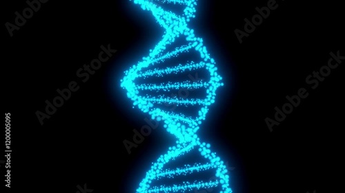 Holographic animation of DNA strands rotating on black screen background.