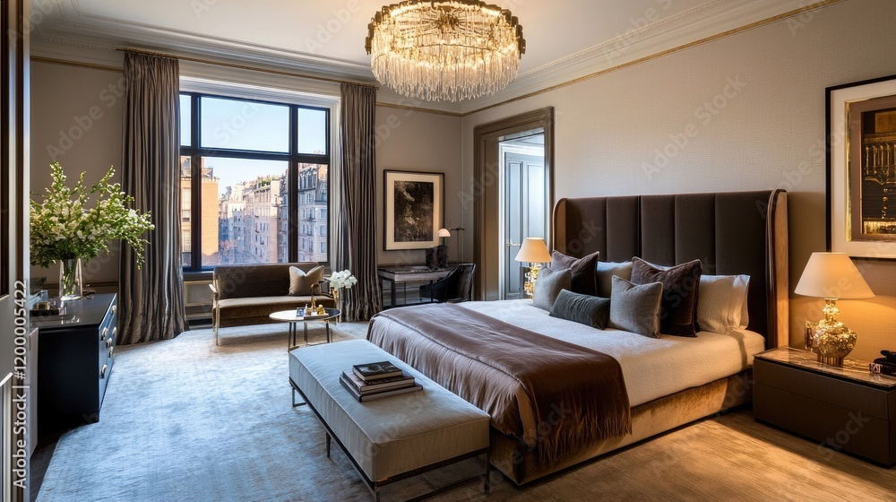 Fototapeta premium A modern, opulent bedroom featuring a velvet bedspread, chandelier, and contemporary furniture in a serene space.