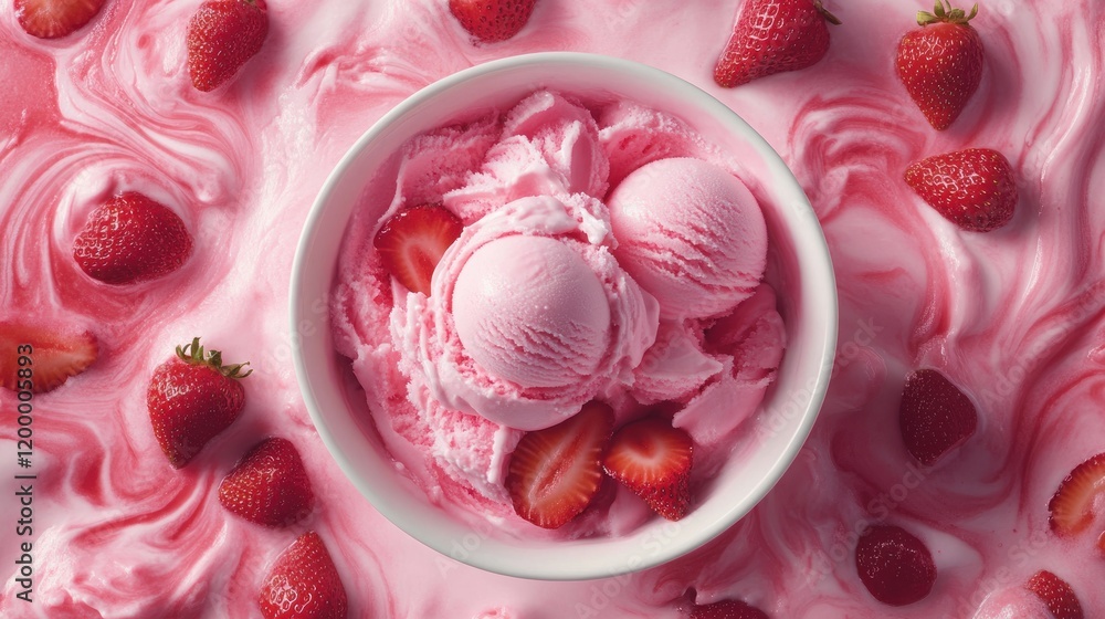 Strawberry ice cream scoops in a bowl, surrounded by fresh strawberries and pink sauce. Strawberry ice cream scoops in a bowl, surrounded by fresh strawberries and pink sauce.