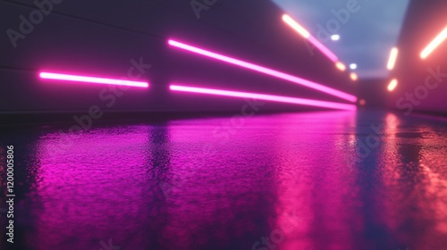 Neon Lights Illuminating Wet Surface in Urban Setting at Dusk