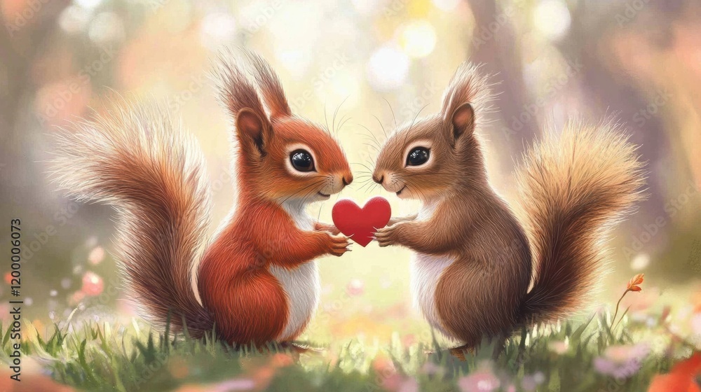 Two squirrels exchanging a heart in a sunlit forest setting Two squirrels exchanging a heart in a sunlit forest setting