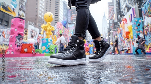 Wallpaper Mural Woman walking city street, wearing black high-top sneakers, colorful background. Torontodigital.ca