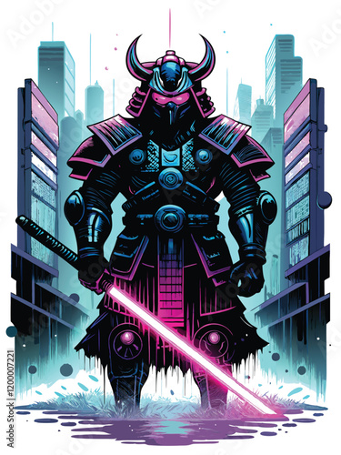 A futuristic samurai, clad in sleek, gleaming robotic armor, stands in a dark, cyberpunk alleyway, wielding a glowing katana.