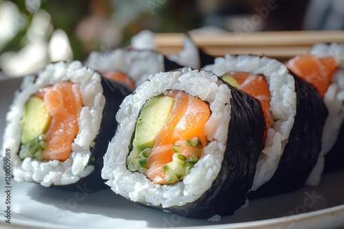 Freshly prepared sushi rolls on a plate with traditional Japanese chopsticks, perfect for a meal or party photo