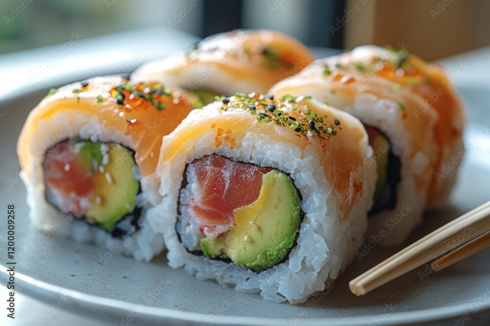 A plate of sushi with chopsticks on it A plate of sushi with chopsticks on it