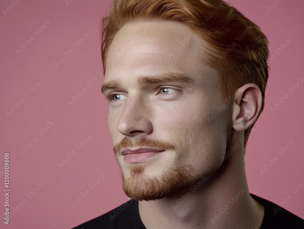 Obraz premium Studio Portrait Redhead Man Freckles Pink Background