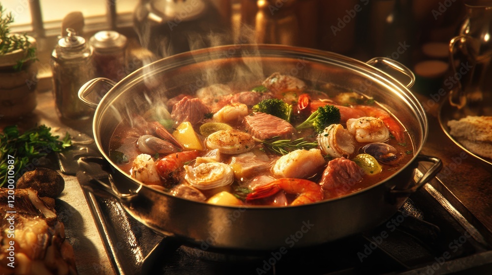 A simmering hot pot on the stove, filled with meat, seafood, and vegetables, ready for a delicious meal with friends. A simmering hot pot on the stove, filled with meat, seafood, and vegetables, ready for a delicious meal with friends.