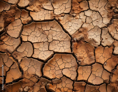 Cracked dry earth texture arid landscape natural surface patterns desert environment close-up view varied shades of brown and beige for enhanced aesthetic appeal photo