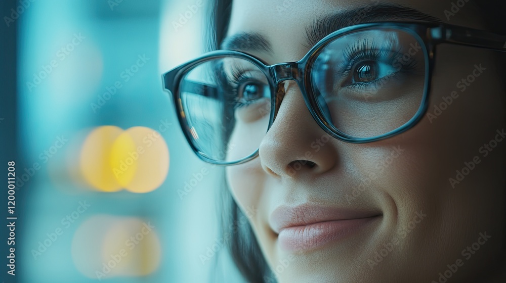 Fototapeta premium Young businesswoman wearing eyeglasses smiling and looking out office window at night
