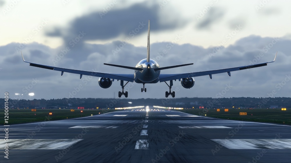A smooth takeoff of a large commercial airliner, lifting into the sky with the runway slowly disappearing below. A smooth takeoff of a large commercial airliner, lifting into the sky with the runway slowly disappearing below.