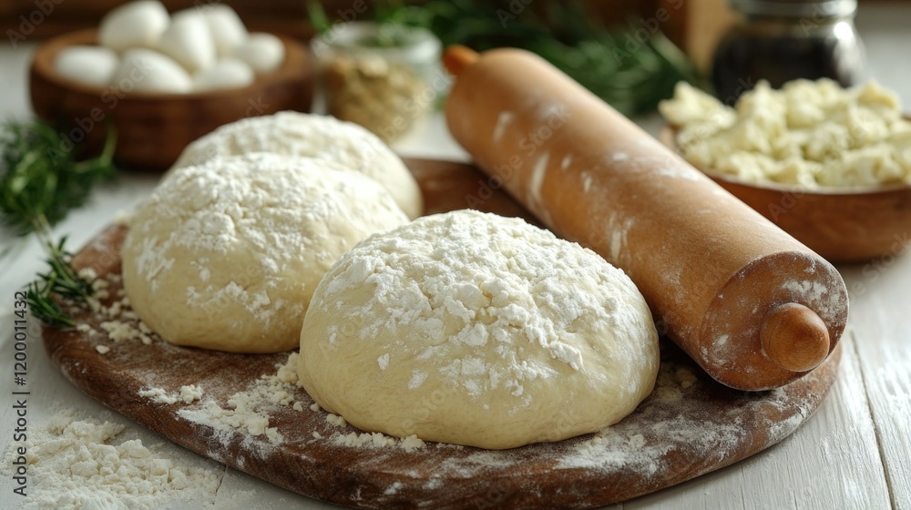 A wooden cutting board with a lump of dough sitting next to a rolling pin, ready for baking A wooden cutting board with a lump of dough sitting next to a rolling pin, ready for baking
