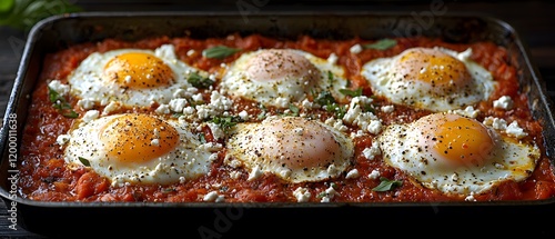 Baked Eggs in Spicy Tomato Sauce with Crumbled Cheese and Fresh Herbs for a Delicious and Nutritious Breakfast or Brunch Dish Delight photo