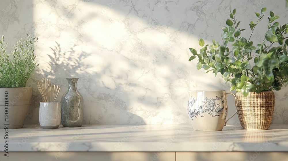 Serene Home Decor with Plants and Elegant Vase on Marble Background Serene Home Decor with Plants and Elegant Vase on Marble Background
