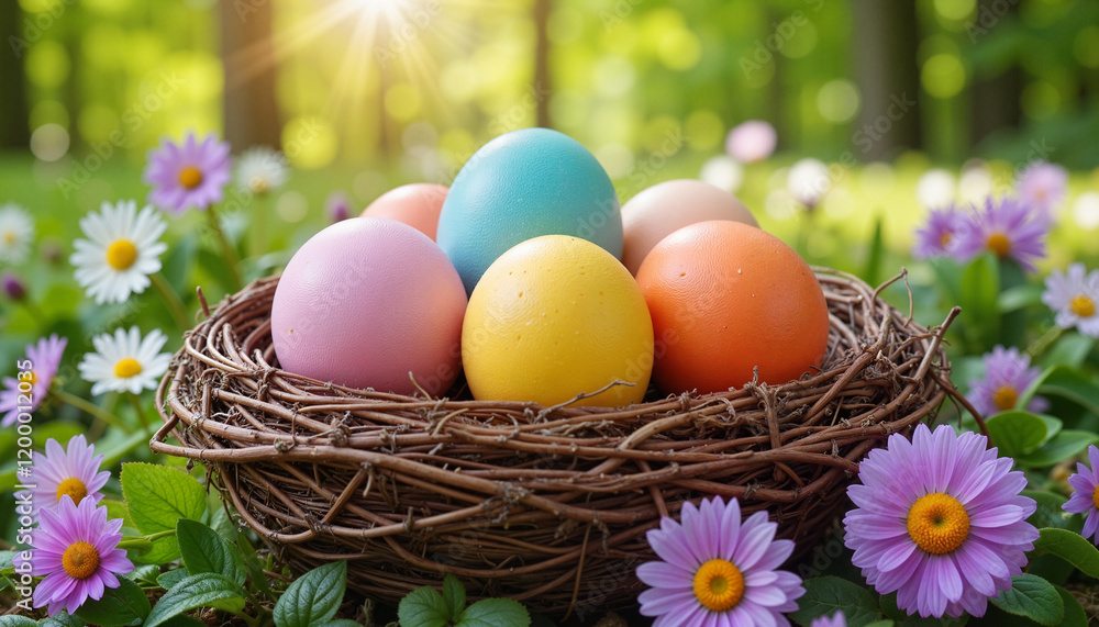 Fototapeta premium Colorful Easter eggs in a nest surrounded by flowers, spring celebration