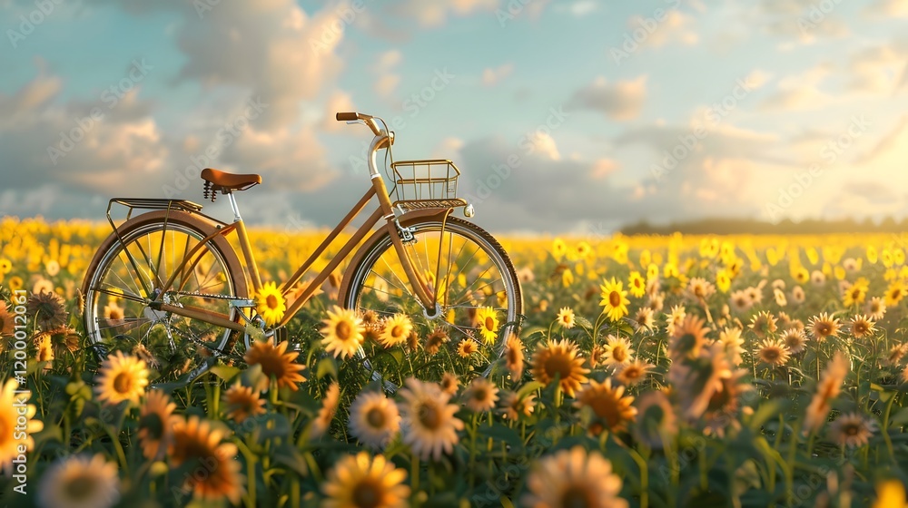Fototapeta premium Vintage Bicycle Leaning in Sunflower Field at Golden Hour in Serene Countryside