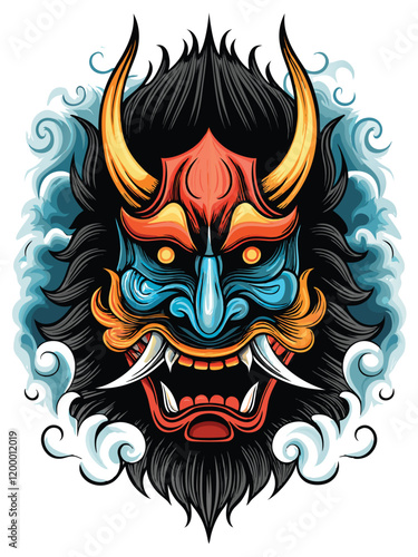 A terrifying Japanese oni demon mask with intricate, ferocious details, featuring sharp horns, bared fangs, and angry eyes.