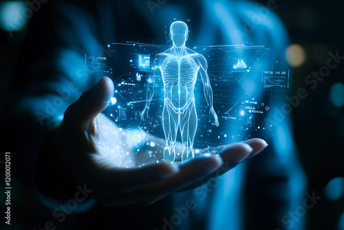 A doctor carefully examines a virtual x-ray projection with focused attention. The integration of advanced technology in medical diagnostics. Generative AI.