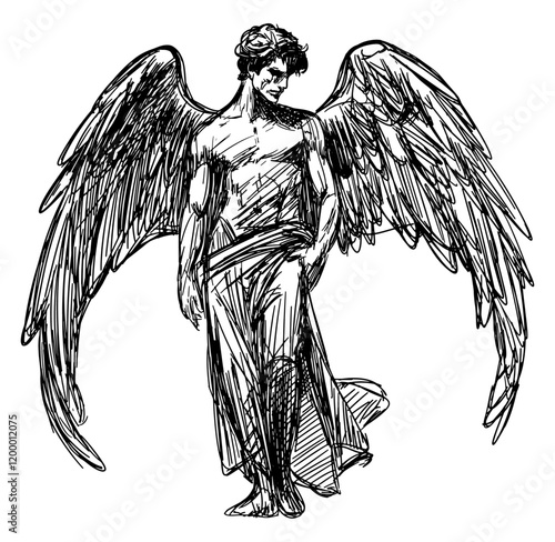 angel isolated with large detailed wings flowing robes black white hand drawn sketch vector illustration
