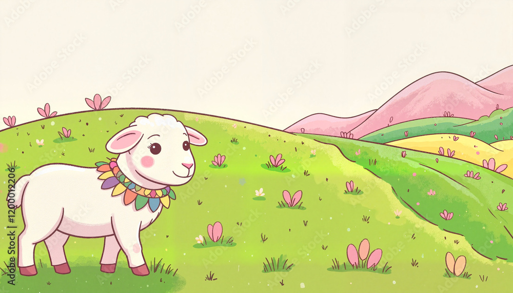 Cheerful lamb in vibrant Easter garland on grassy hillside, spring celebration Cheerful lamb in vibrant Easter garland on grassy hillside, spring celebration
