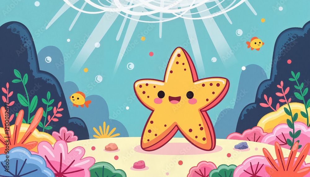 Happy starfish waving in vibrant coral reef, magical underwater scene Happy starfish waving in vibrant coral reef, magical underwater scene