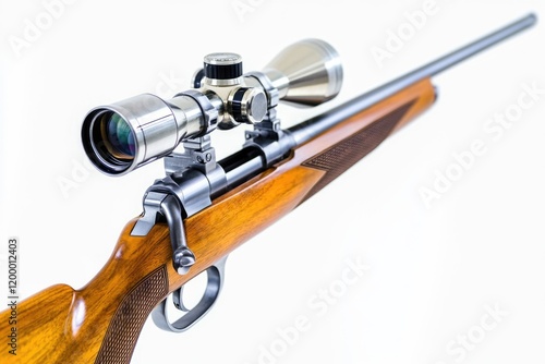 A detailed view of a rifle on a white background, suitable for use in military or outdoor themed images photo