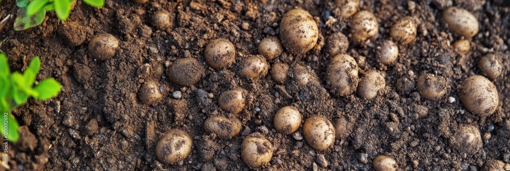 Freshly harvested potatoes in rich soil with green foliage on the side Freshly harvested potatoes in rich soil with green foliage on the side