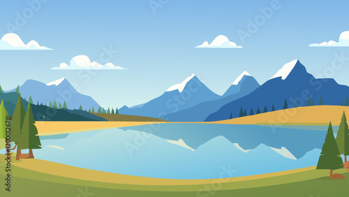Serene lake surrounded by majestic mountains and lush greenery in a tranquil setting with clear blue skies