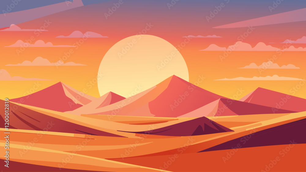 Sunrise over desert mountains with vibrant orange and purple hues illuminating the sand dunes and rocky terrain