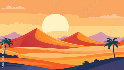 Colorful sunset over a desert landscape with mountains and palm trees in warm tones