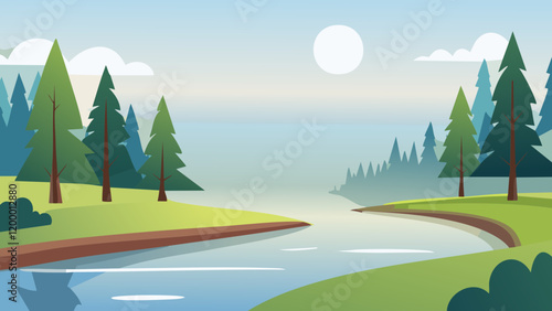 Beautiful landscape with greenery and calm river under a clear sky at dawn