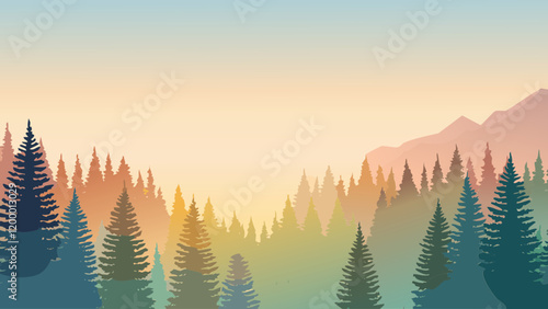 Vivid sunrise illuminating a forest landscape with mountains in the background during early morning hours